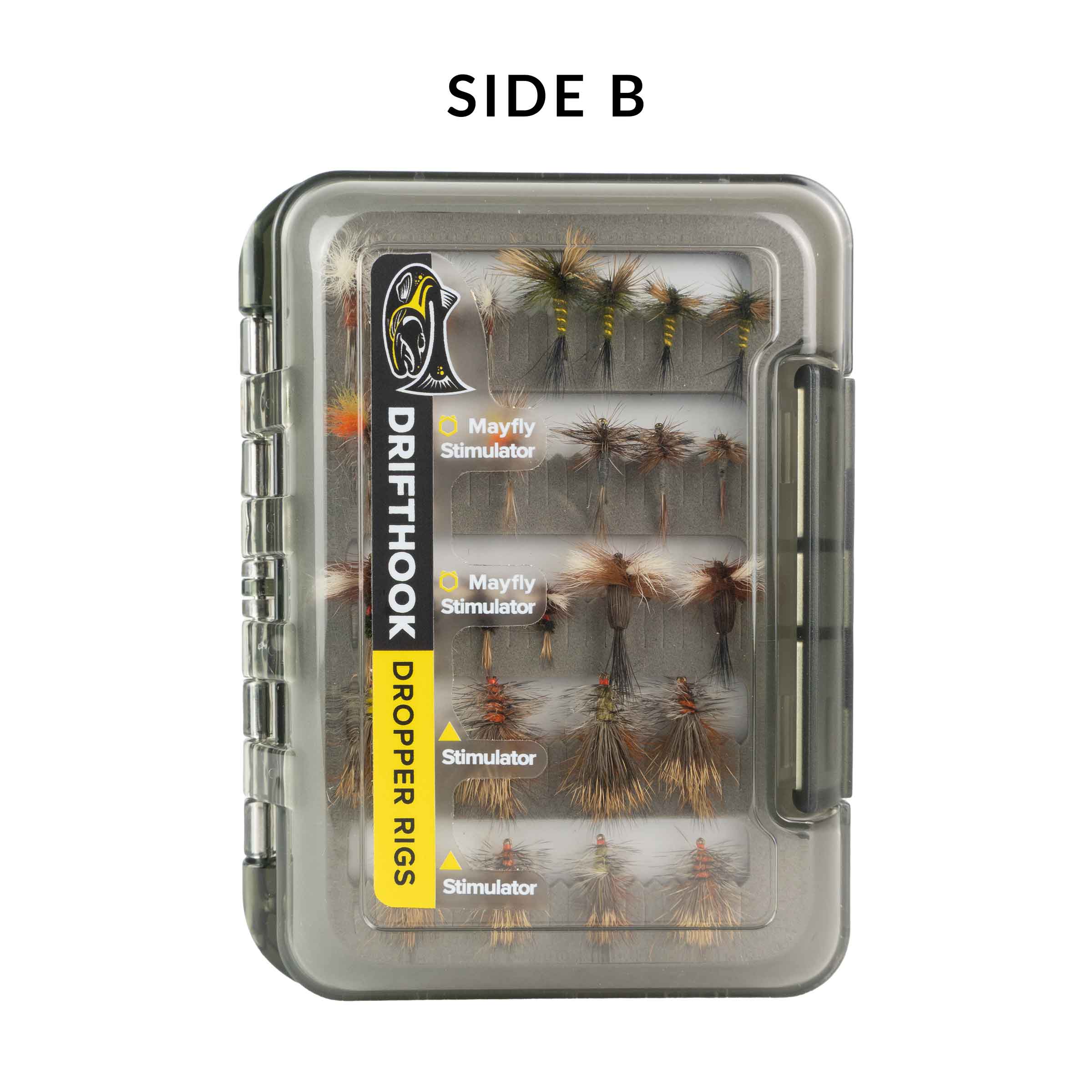 Drifthook dropper rigs packaging with various fly patterns on a white background