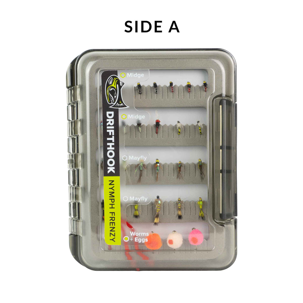 Fishing lure box with various artificial flies inside on a white background