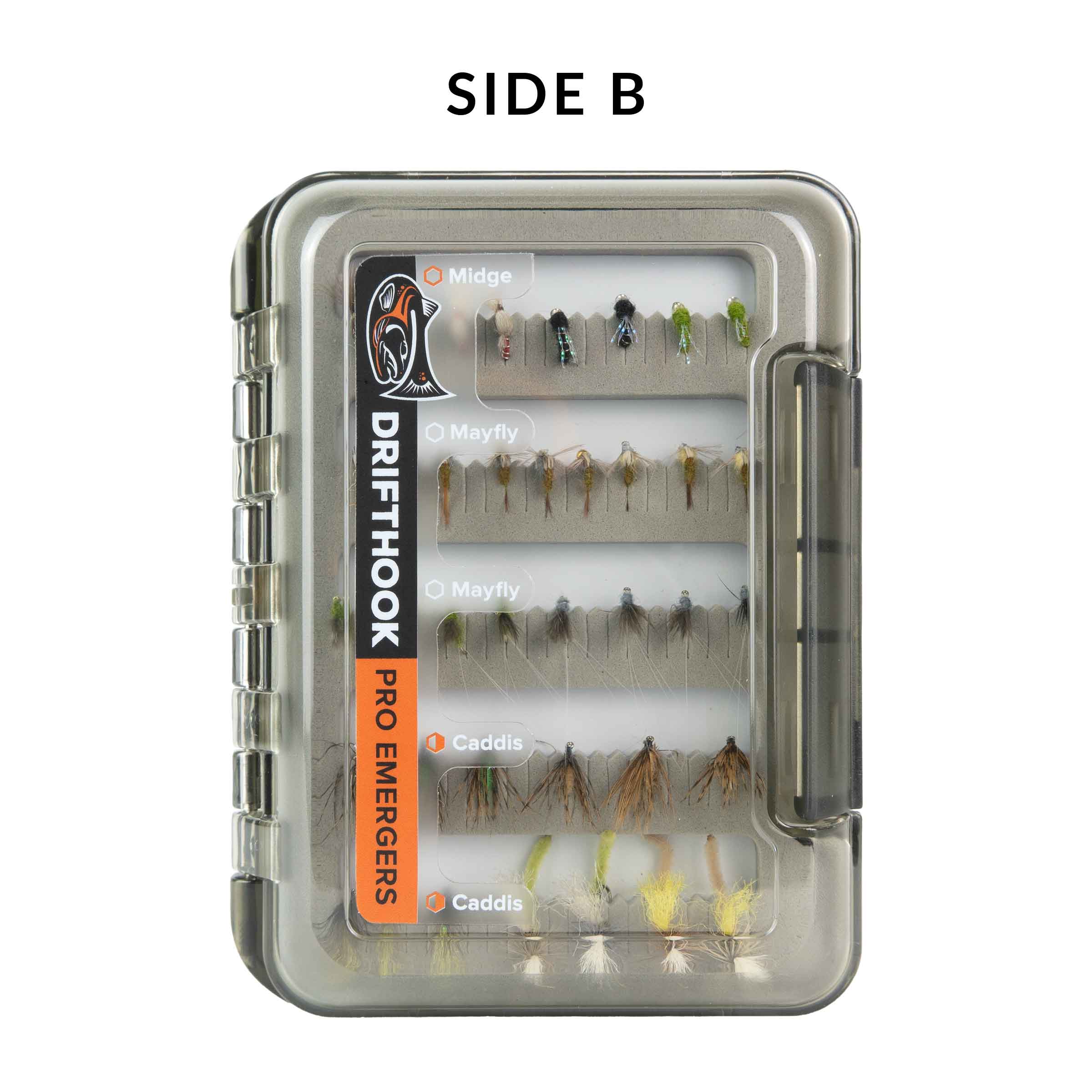Drifthook fly fishing lure box with various fly patterns on a white background