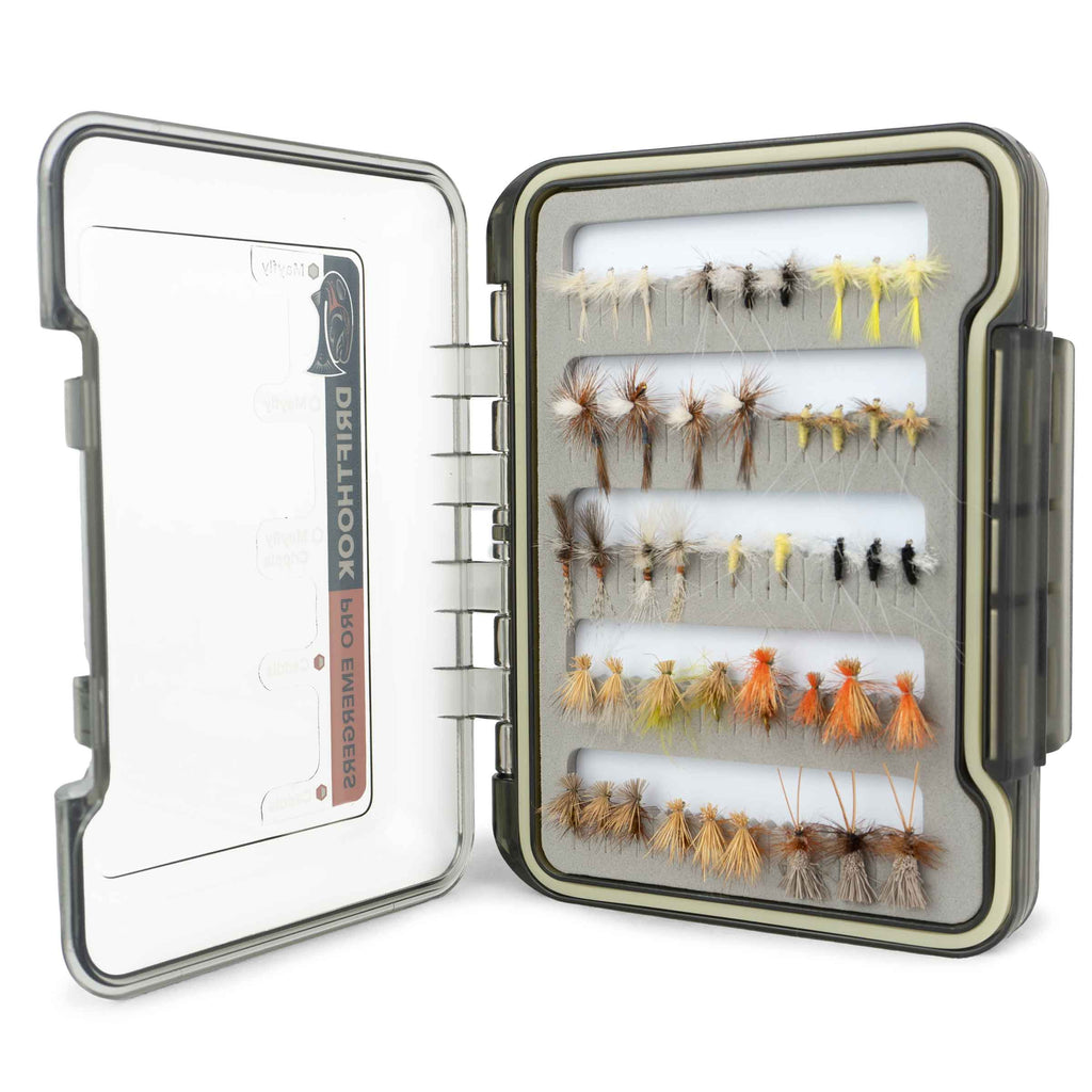 Open fly fishing lure box with various fly patterns inside on a white background