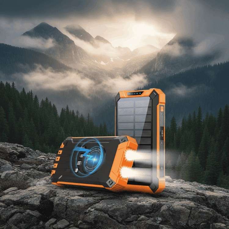 Two rugged portable power banks with integrated solar panels, one standing upright and one lying flat, displayed on a rocky mountain ledge with a misty forest and mountain backdrop.