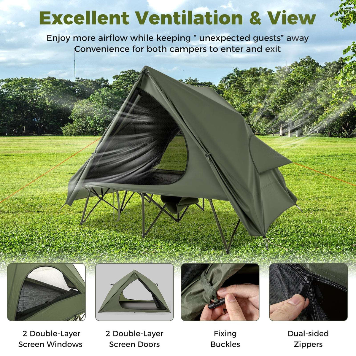 Foldable 2-Person Pop-up Camping Cot Tent with Portable Wheeled Bag