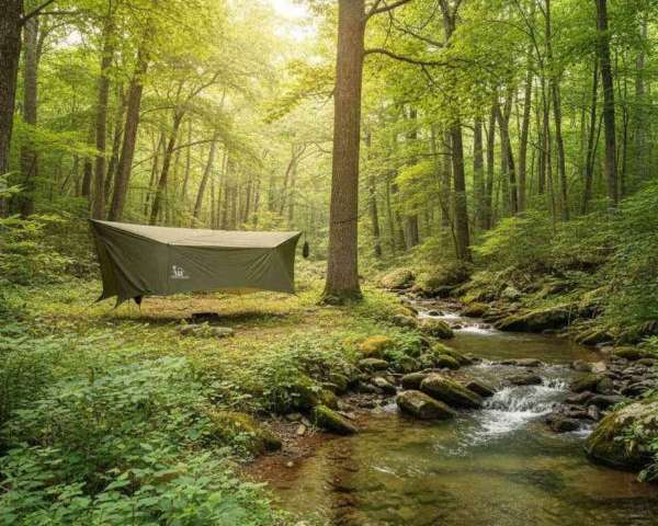 An olive green camping tarp shelter pitched between tall trees beside a flowing forest stream in a sunlit woodland clearing.
