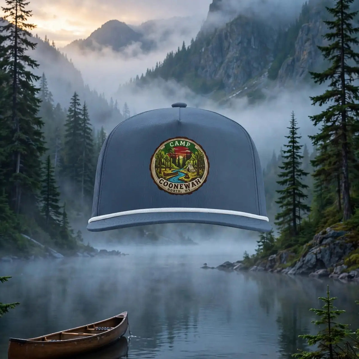 A gray flat-brim baseball cap with a circular green and gold Coast Guard patch on the front, floating over a misty mountain lake landscape with a canoe and pine trees.