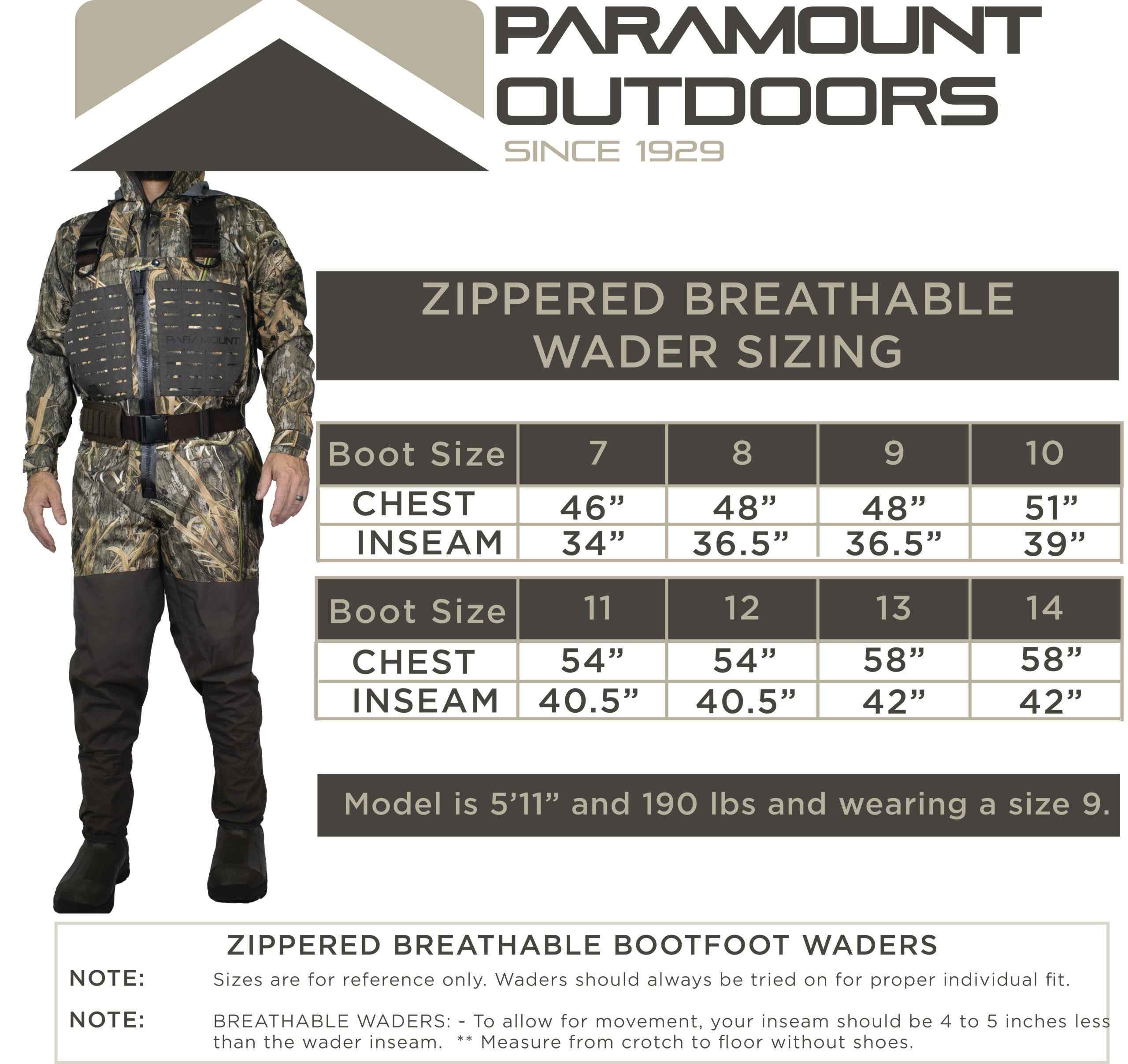 PINNACLE Zippered Breathable Camo Hunting/Fishing Wader 1200g