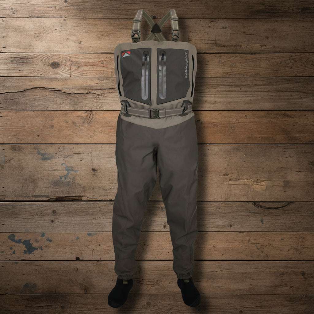 Waders with a chest pocket and straps on a white background