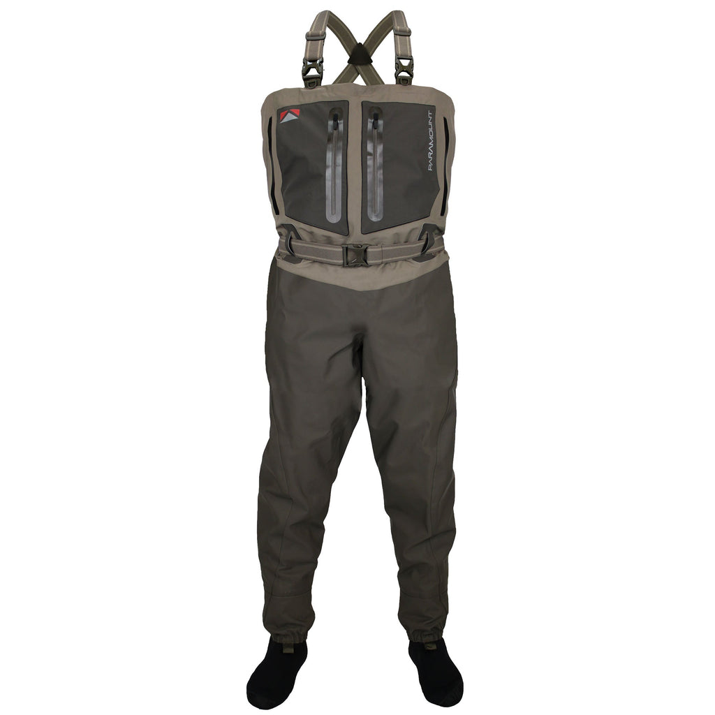 Waders with a chest pocket and straps on a white background