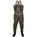 Waders with a chest pocket and straps on a white background