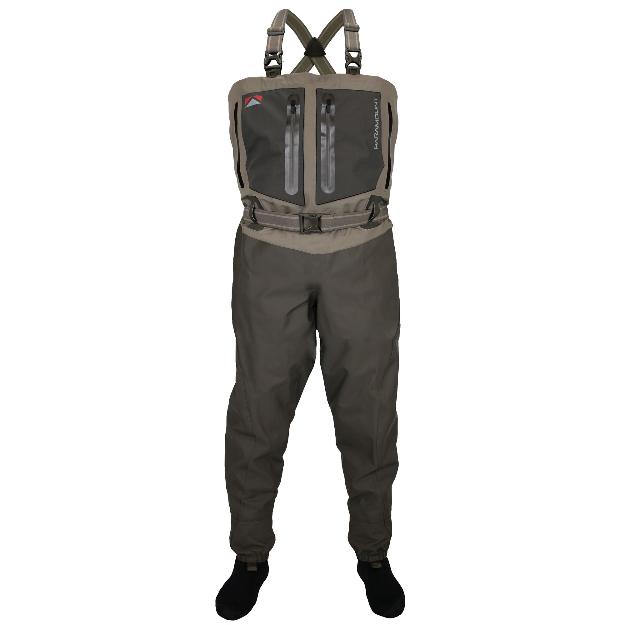 Waders with a chest pocket and straps on a white background