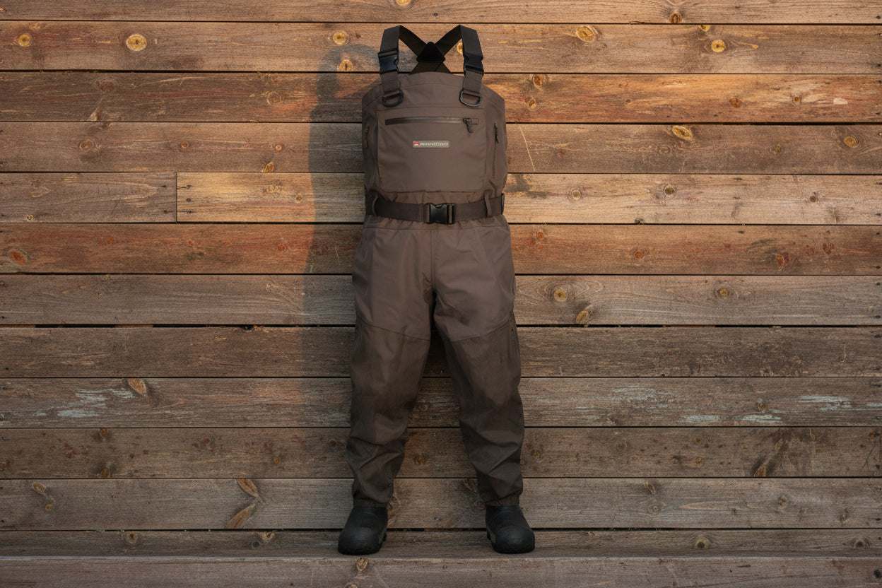 Brown waders with suspenders on a white background