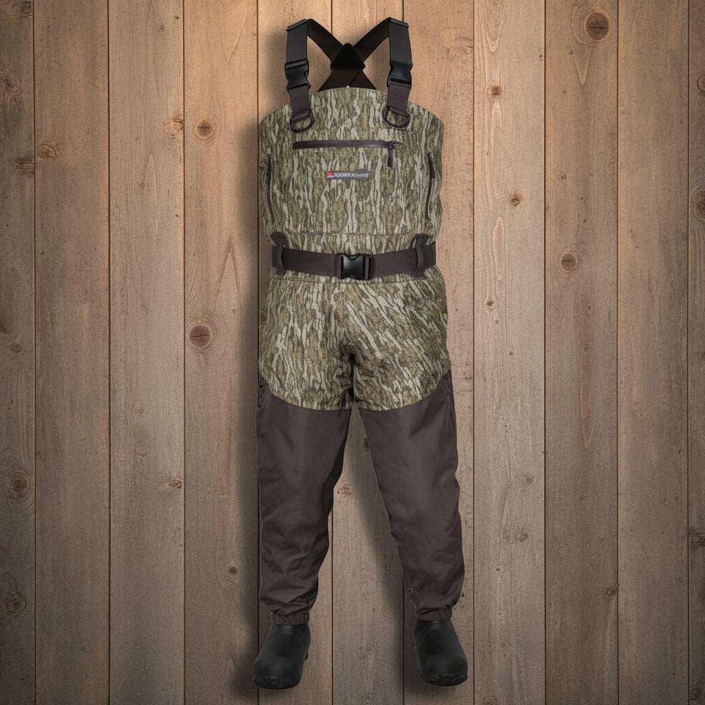 Waders with camouflage pattern on a white background