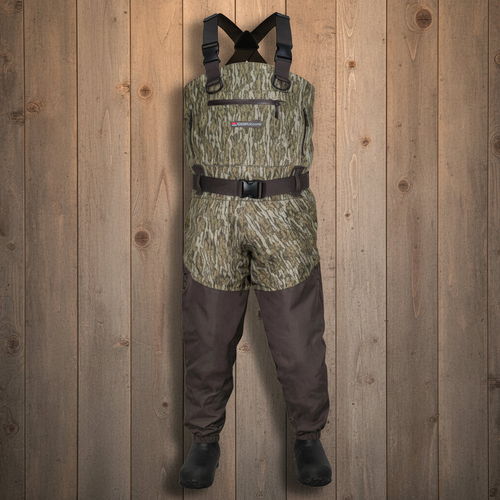 Waders with camouflage pattern on a white background