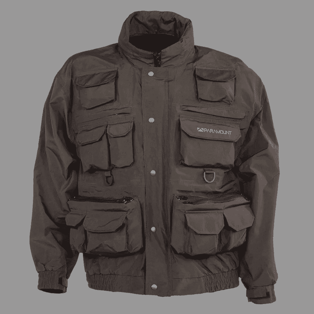 A dark brown technical utility jacket with multiple front pockets, a high collar, and a visible 'SEMPERMOUNT' logo on the chest, shown against a plain white background.