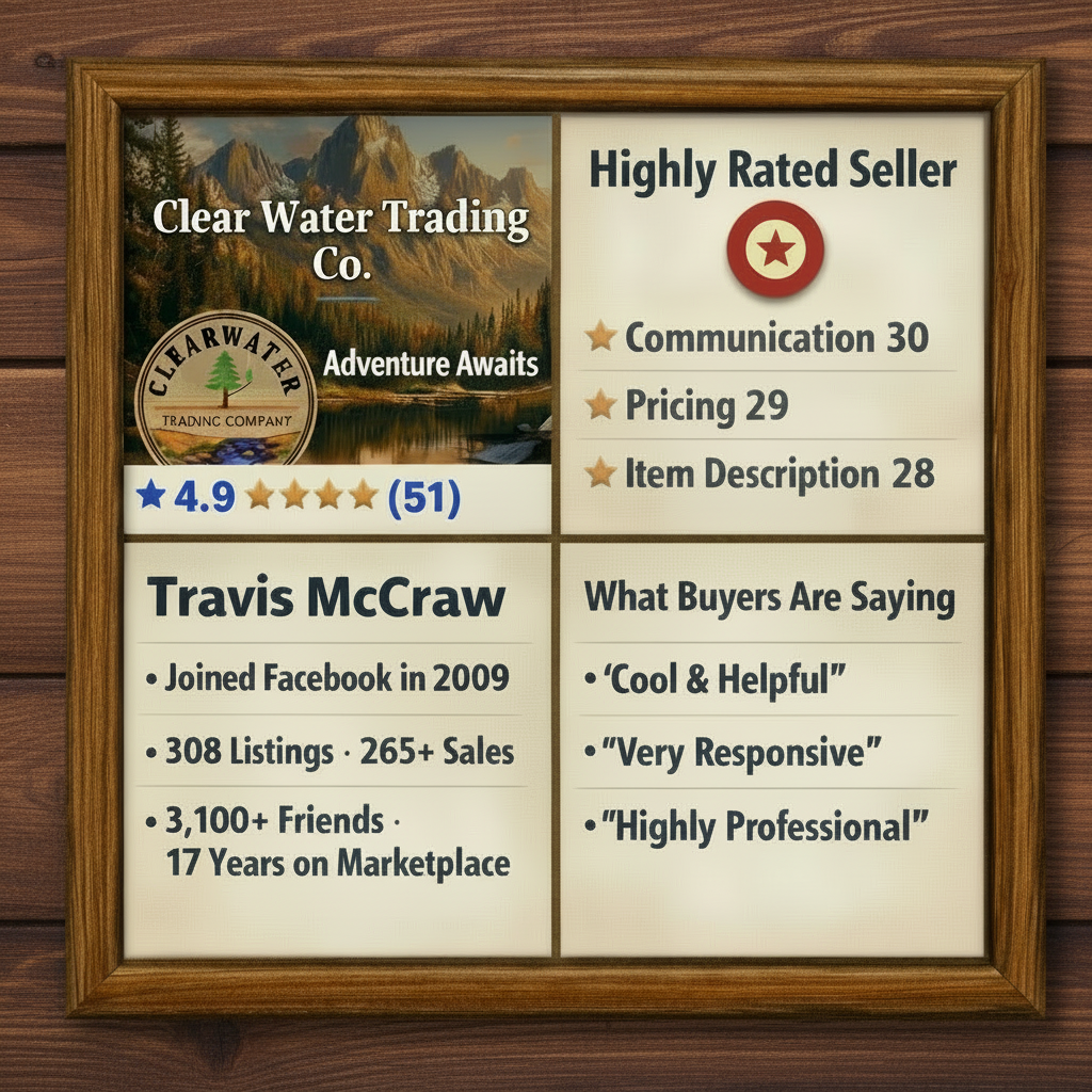Framed rating card for Clear Water Trading Co on a wooden background