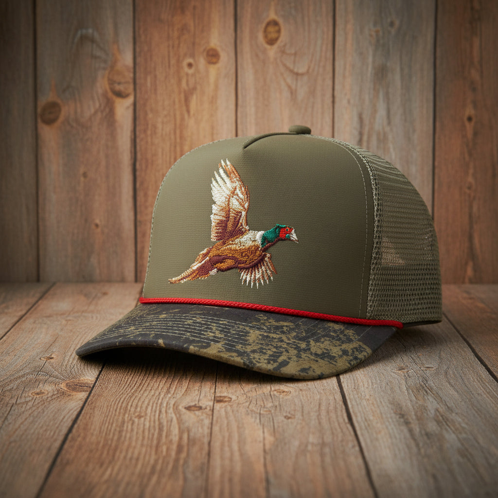 Pheasant Upland 5-Panel Trucker Rope Cap - Stylish Pheasant Trucker Cap for Outdoor Adventures