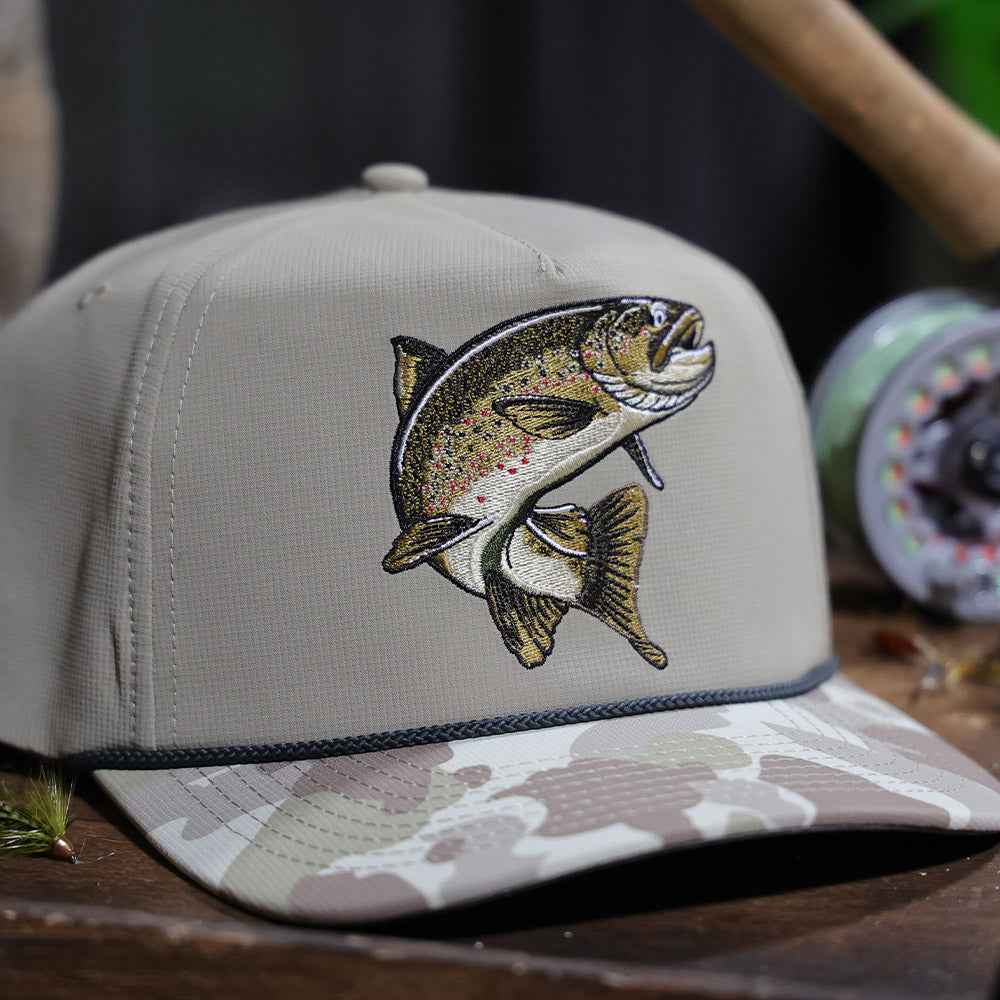 Brown Trout Fly Fishing Cap - 5-Panel Trucker Rope Hat