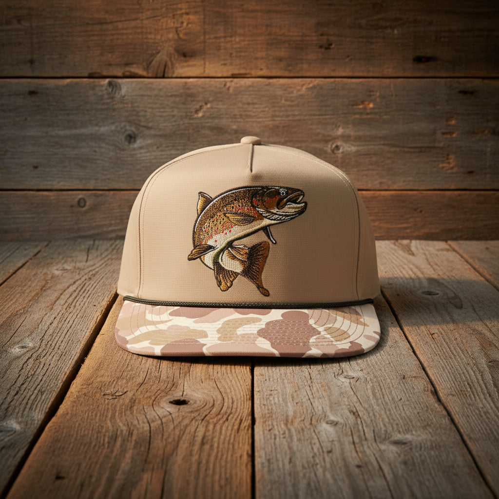Brown Trout Fly Fishing Cap - 5-Panel Trucker Rope Hat