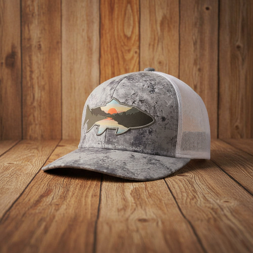 Sunset Trout Fishing Hat with Mesh Back and Fish Mountain Silhouette