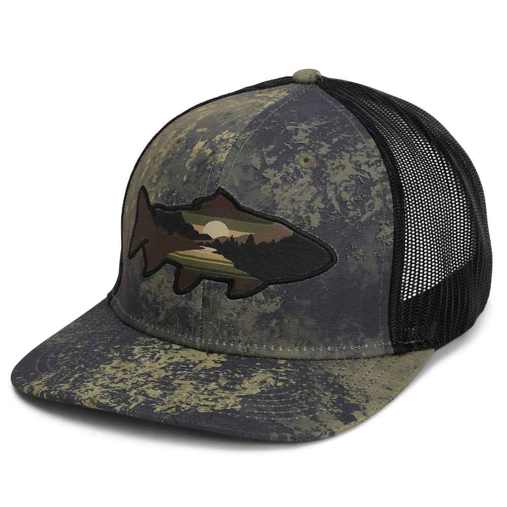 Sunset Trout Fishing Hat with Mesh Back and Fish Mountain Silhouette