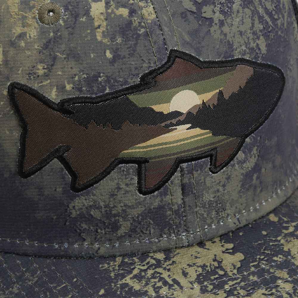 Sunset Trout Fishing Hat with Mesh Back and Fish Mountain Silhouette