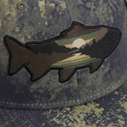 Sunset Trout Fishing Hat with Mesh Back and Fish Mountain Silhouette