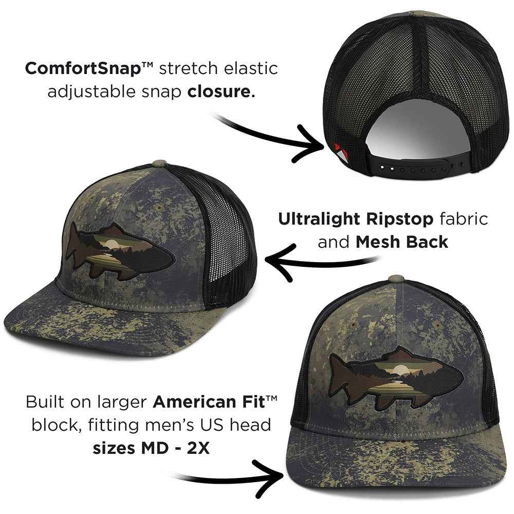 Sunset Trout Fishing Hat with Mesh Back and Fish Mountain Silhouette