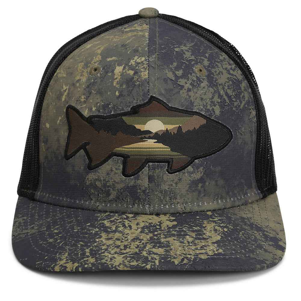 Sunset Trout Fishing Hat with Mesh Back and Fish Mountain Silhouette