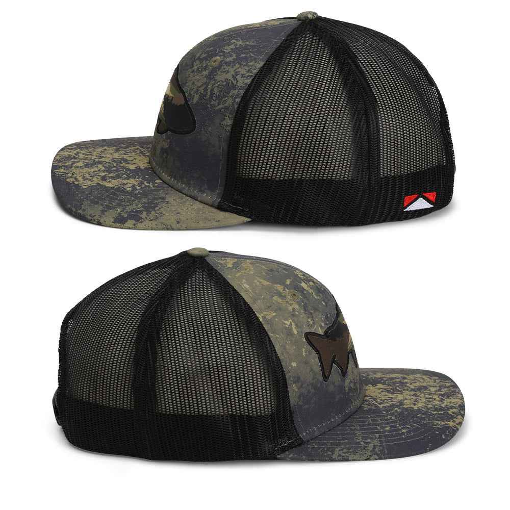 Sunset Trout Fishing Hat with Mesh Back and Fish Mountain Silhouette