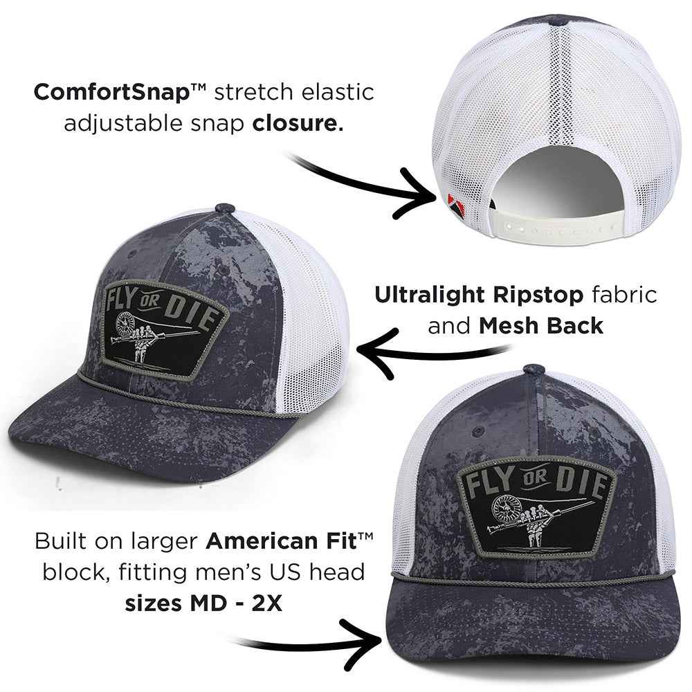 Fly Fishing Mesh Hat - Fly or Die Hat with Mesh Back and Rope Design