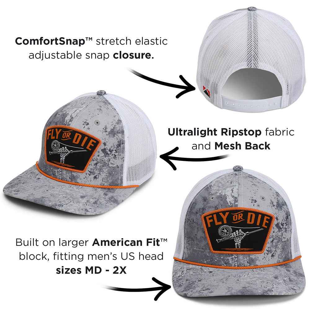 Fly Fishing Mesh Hat - Fly or Die Hat with Mesh Back and Rope Design