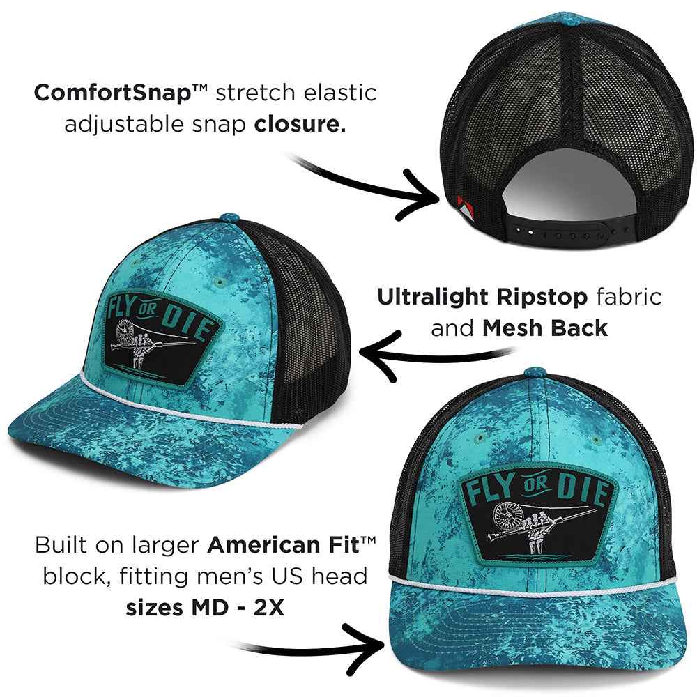 Fly Fishing Mesh Hat - Fly or Die Hat with Mesh Back and Rope Design