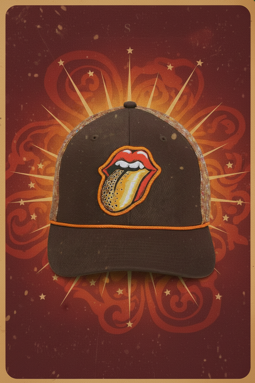 Baseball cap with Rolling Stones logo on a red and orange background