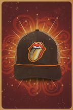 Baseball cap with Rolling Stones logo on a red and orange background