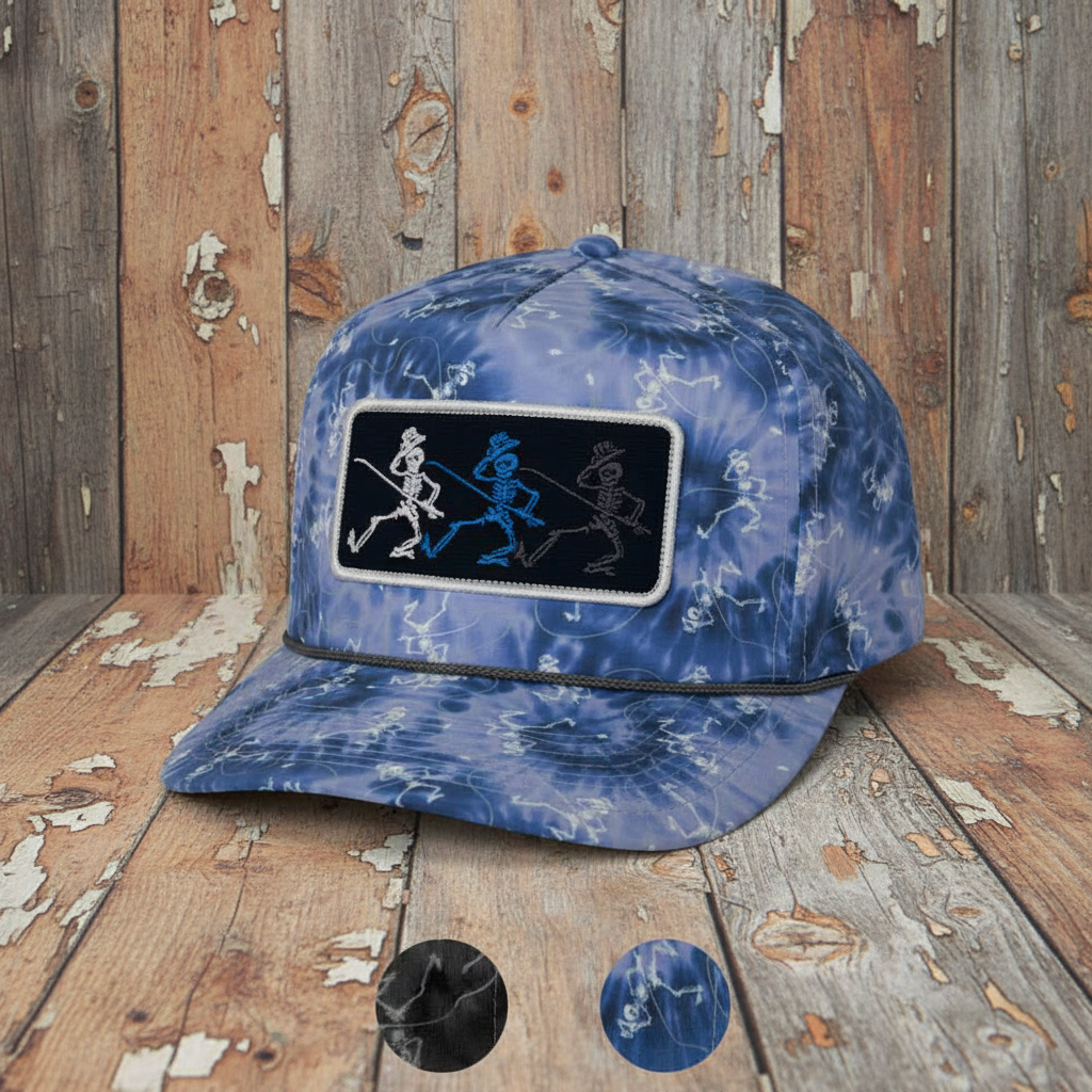 Tie Dye Dancing Skeletons Fly Fishing Trucker Rope Hat - Clear Water Trading Co.