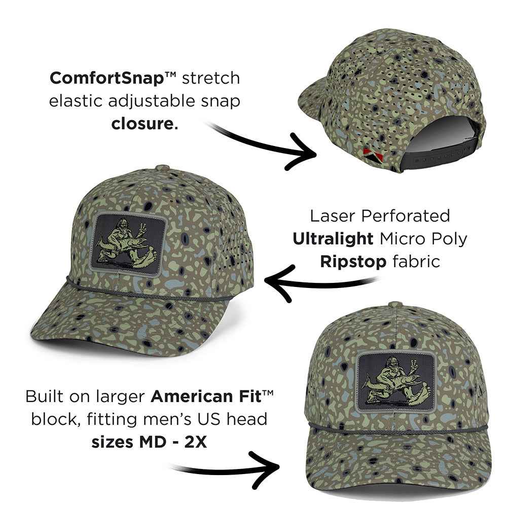 Big Foot Squatch Fishing Cap - Perforated 6-Panel Rope Cap in Tan