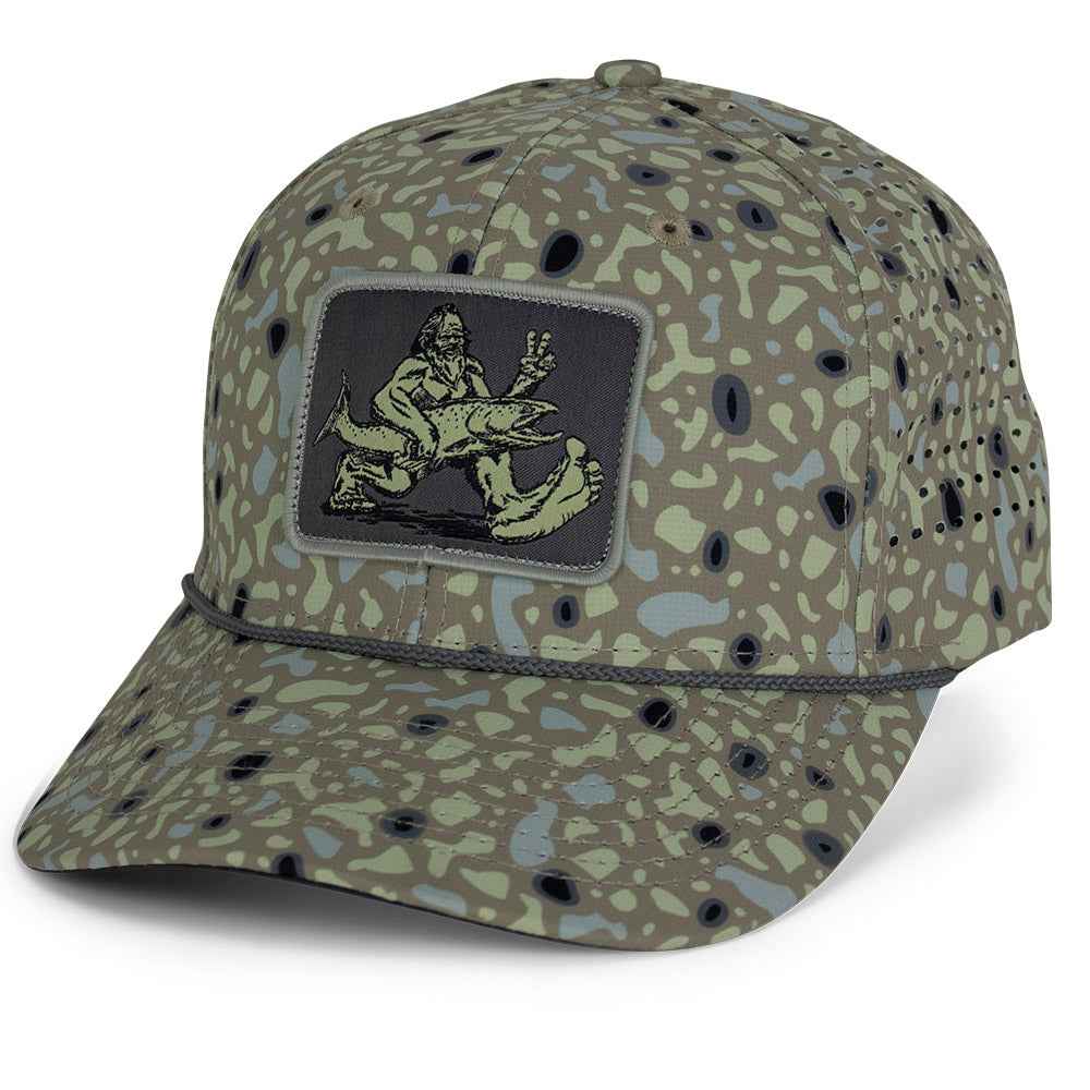 Big Foot Squatch Fishing Cap - Perforated 6-Panel Rope Cap in Tan