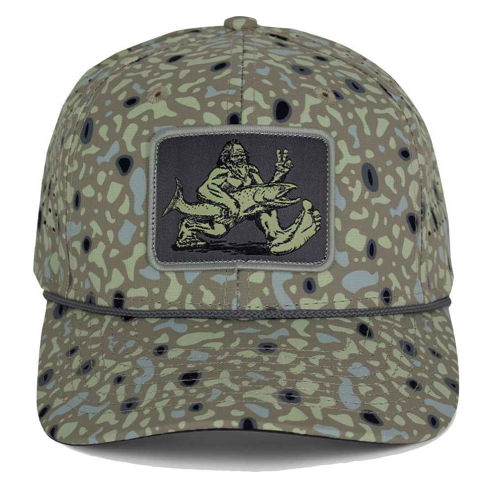 Big Foot Squatch Fishing Cap - Perforated 6-Panel Rope Cap in Tan