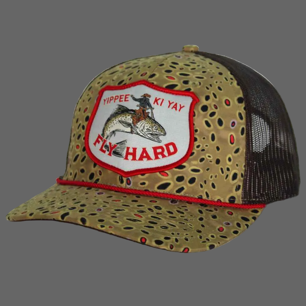 Yippee Ki Yay Fly Hard Snapback Hat | Brown Trout Skin Print Fish Rodeo Cap — Clear Water Trading Co.