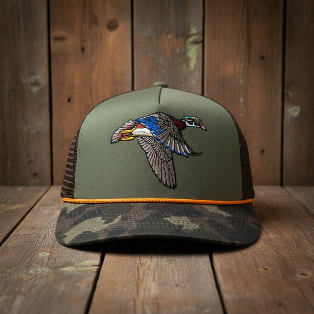 Flying Wood Duck Trucker Hat | Detailed Wing Spread Embroidery on Sage Green Crown with Dark Camo Brim — Clear Water Trading Co.