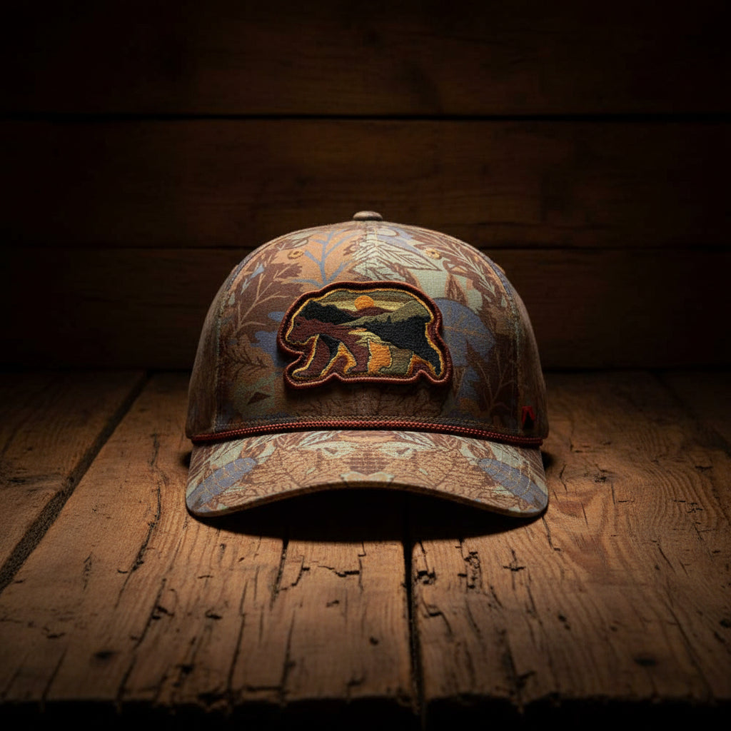 Sunset Bear Trucker Hat with Cloud Texture - 5-Panel Design