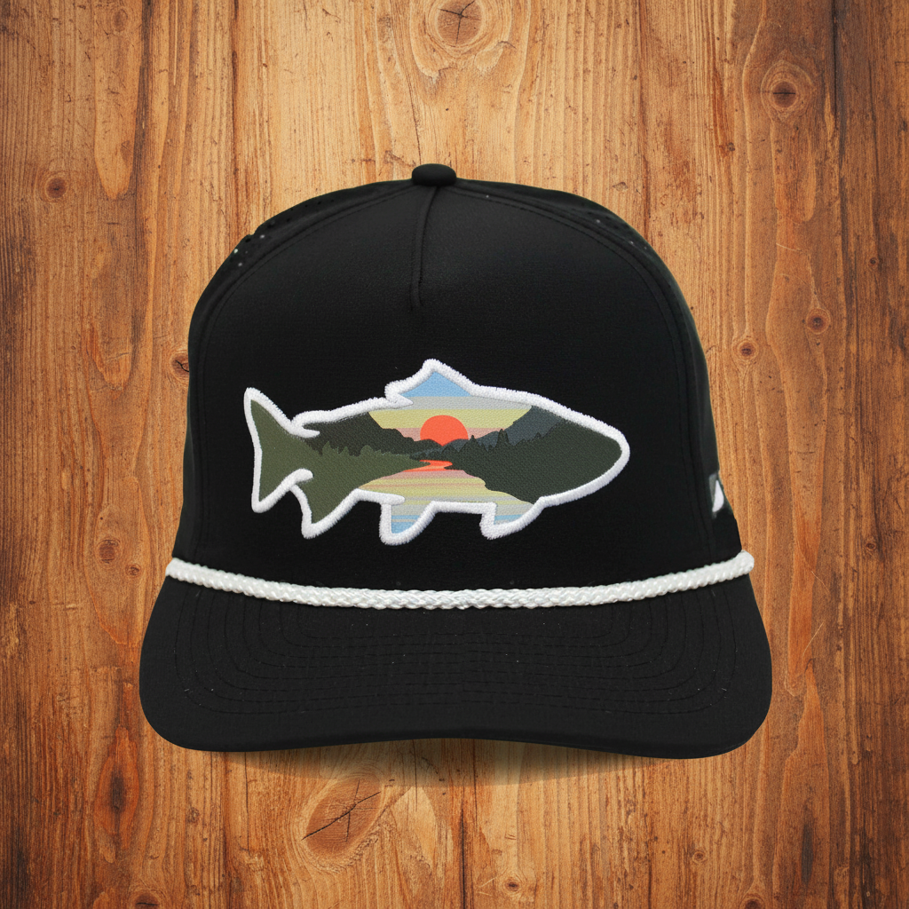 Sunset Fish Silhouette Snapback Hat | Mountain Sunset Fishing Cap with White Rope Detail — Clear Water Trading Co.
