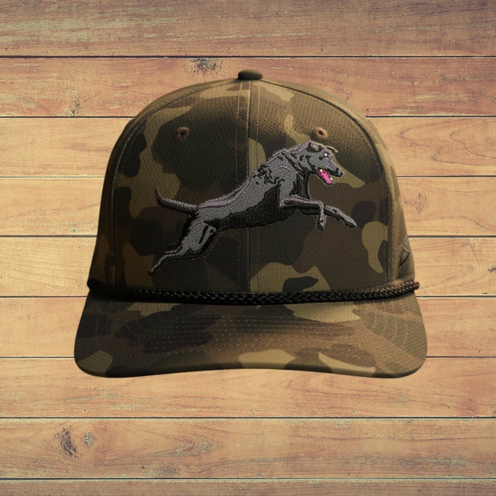 Camouflage cap with a dog illustration on a white background