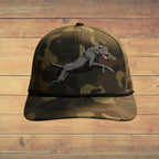 Camouflage cap with a dog illustration on a white background