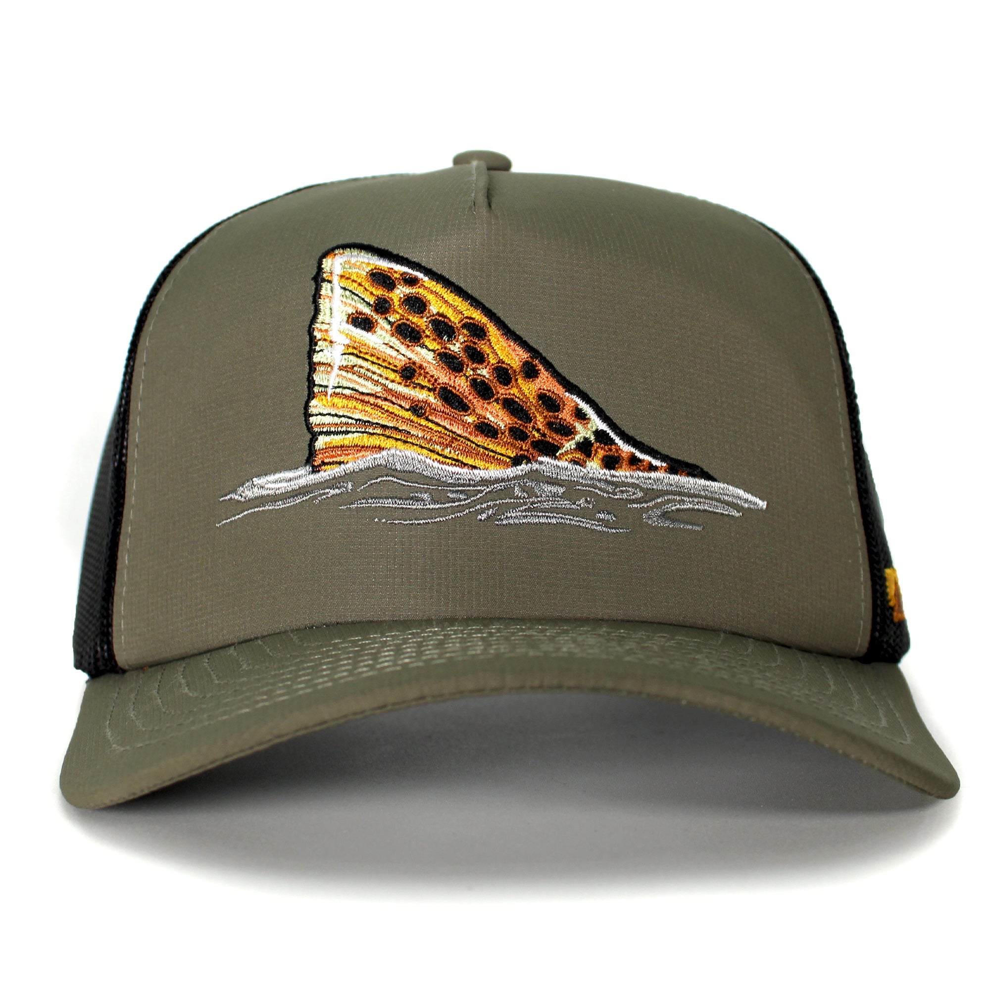 Brown Trout Tail Mesh Back Trucker Hat — Fly Fishing 5-Panel Cap