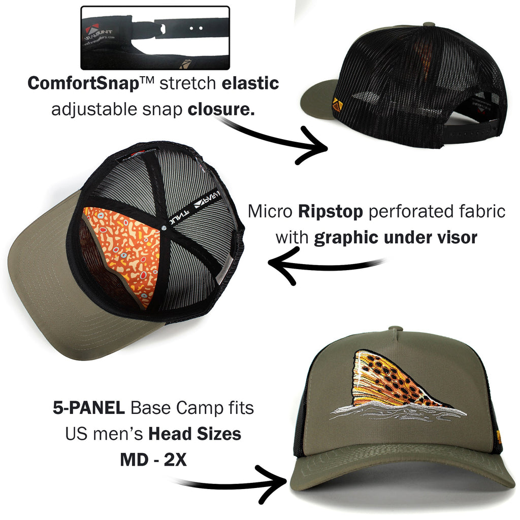 Brown Trout Tail Mesh Back Trucker Hat — Fly Fishing 5-Panel Cap