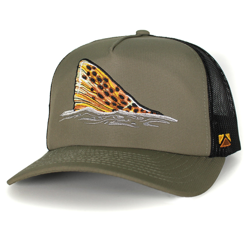Brown Trout Tail Mesh Back Trucker Hat — Fly Fishing 5-Panel Cap