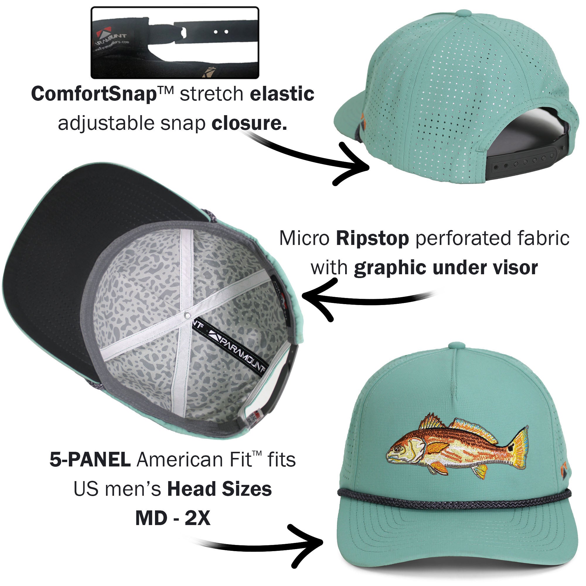 Redfish Perforated Performance Rope Cap — Breathable Fishing Trucker Hat