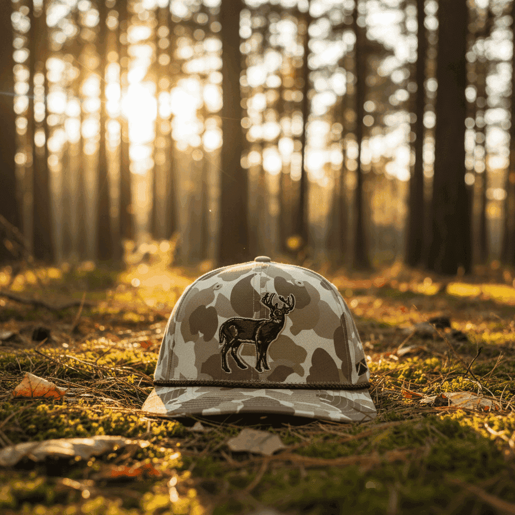 Camouflage baseball cap with deer emblem on a white background