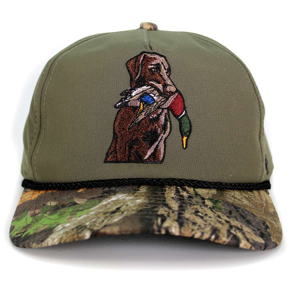 Chocolate Lab Duck Dog 5-Panel Trucker Hat | Old School Camo - Clear Water Trading Co.
