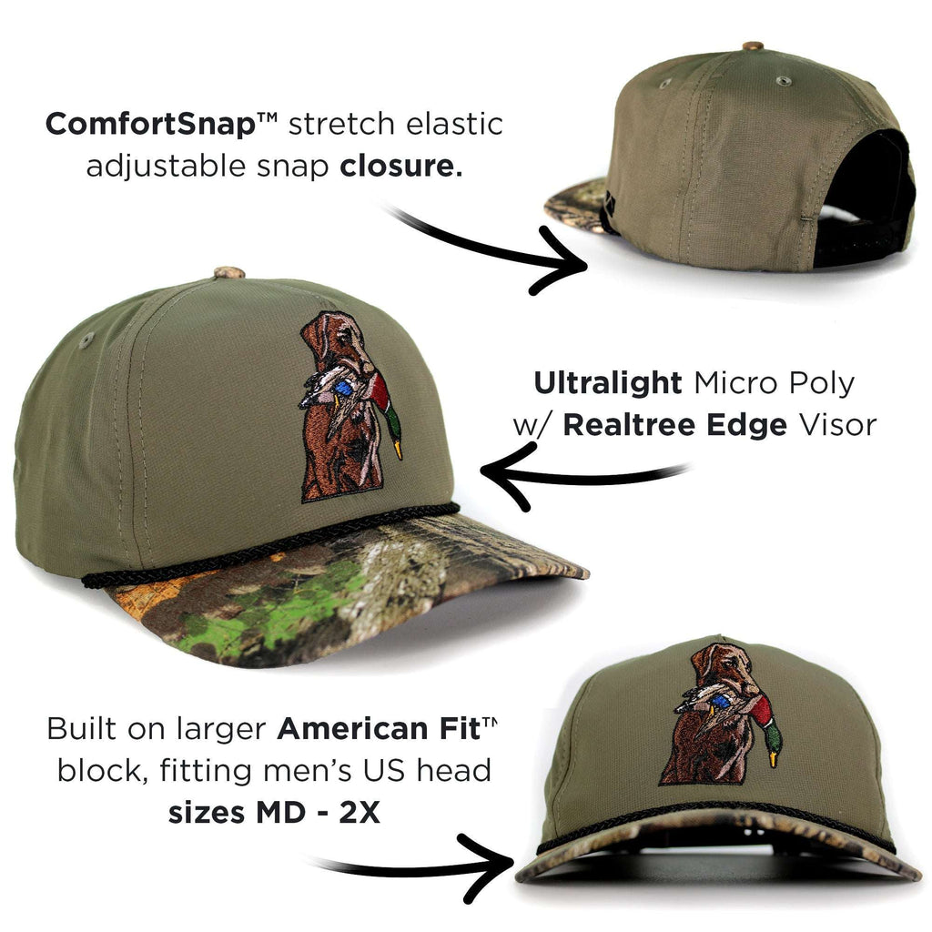 Chocolate Lab Duck Dog 5-Panel Trucker Hat | Old School Camo - Clear Water Trading Co.